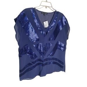 Saks Fifth Avenue Womens Sheer Sequins Blouse V-Neck Pullover Blue Size XL NWT